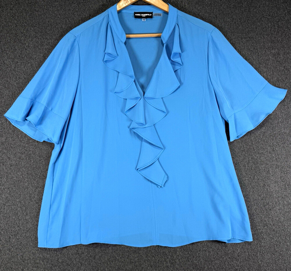 Karl Lagerfeld Paris Blouse Womens XL Blue Ruffle V Neck Bell Sleeve Top